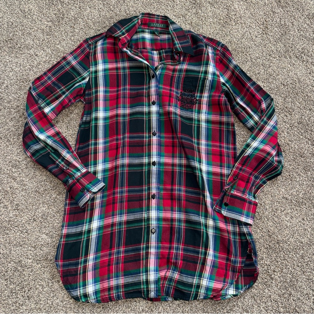 Lauren Ralph Lauren XS Multicolor Long Plaid Shirt Beaded Pocket Design